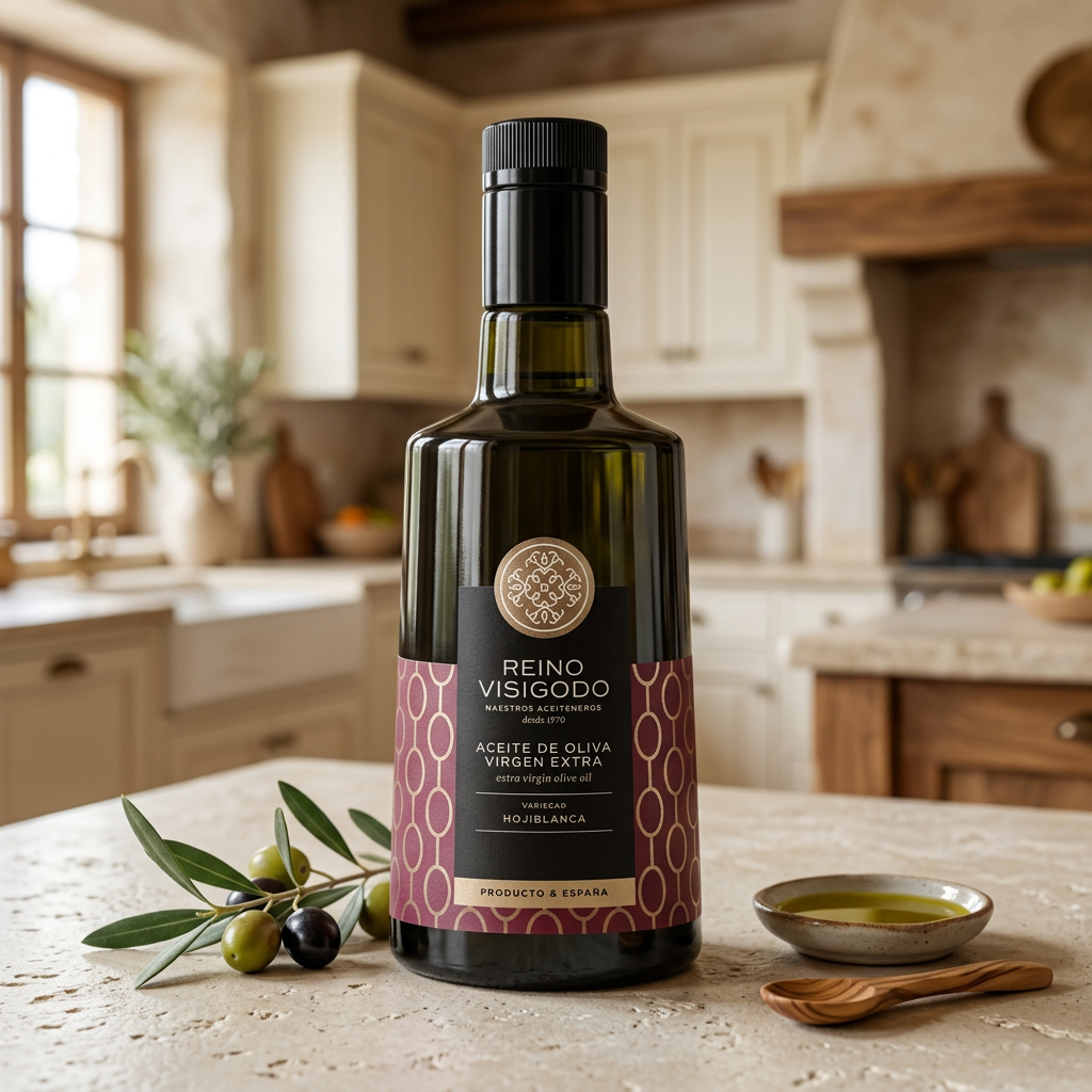 Botella de aceite Reino Visigodo en una cocina mediterránea luminosa