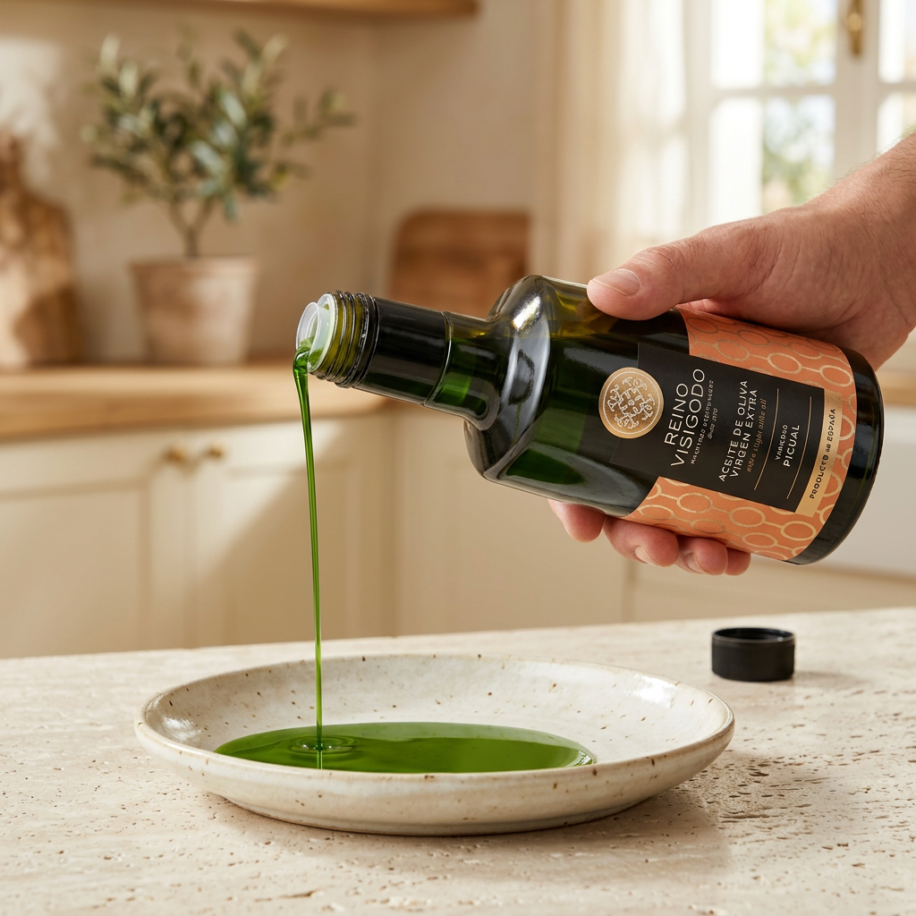 Picual vertiendo aceite verde en un plato